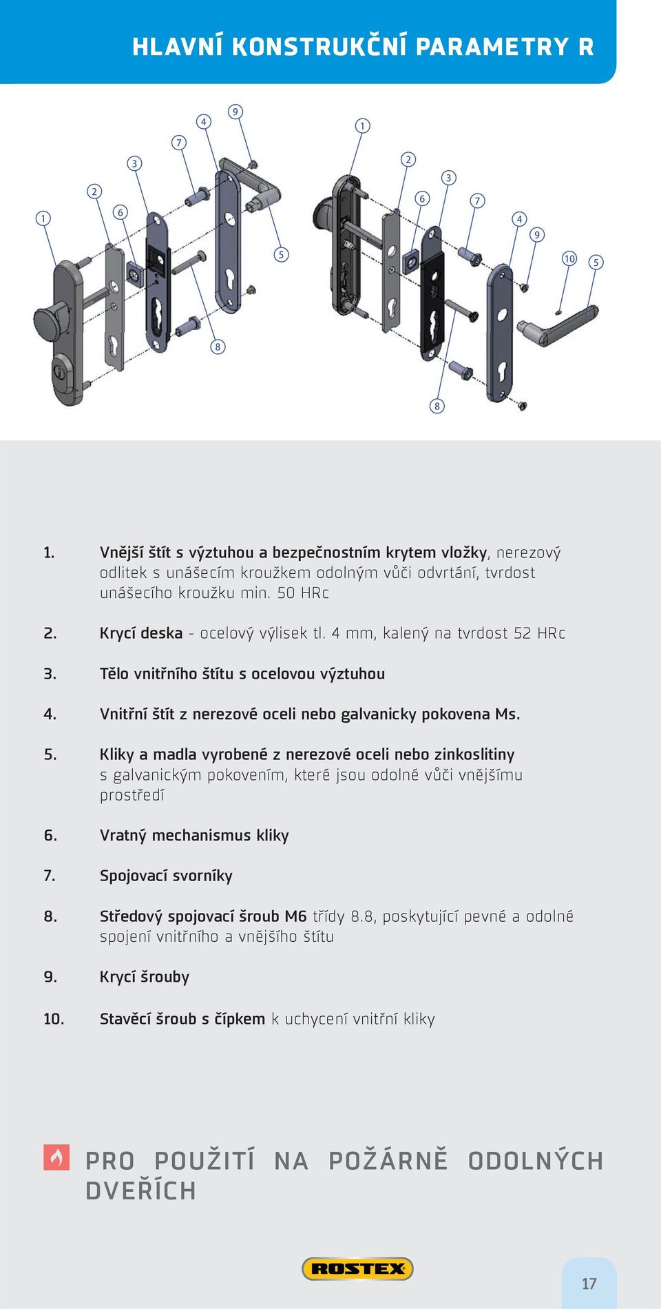 Vratný mechanismus kliky 7. Spojovací svorníky 8. Středový spojovací šroub M6 třídy 8.8, poskytující pevné a odolné spojení vnitřního a vnějšího štítu 9. Krycí šrouby 10.