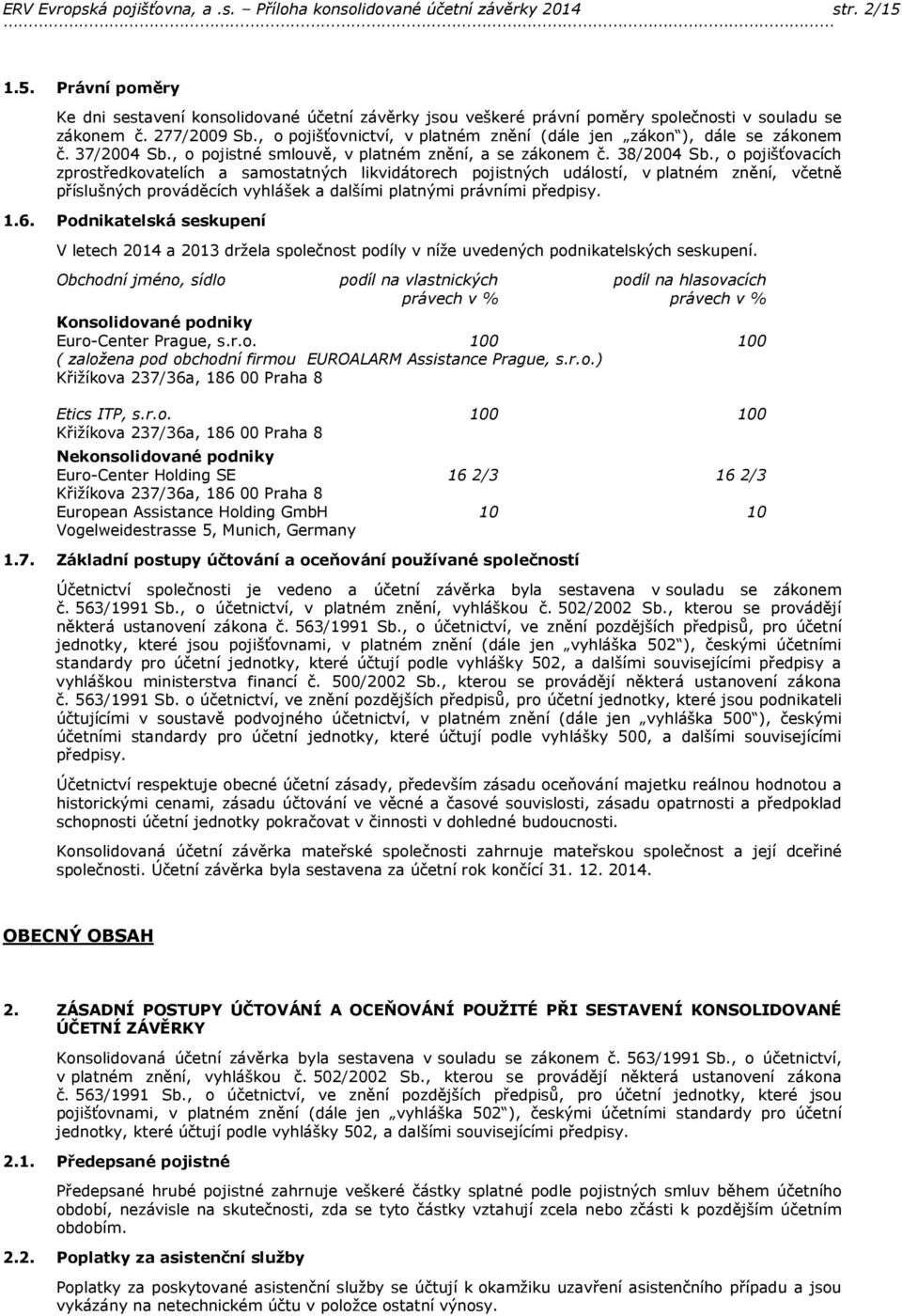 , o pojišťovnictví, v platném znění (dále jen zákon ), dále se zákonem č. 37/2004 Sb., o pojistné smlouvě, v platném znění, a se zákonem č. 38/2004 Sb.