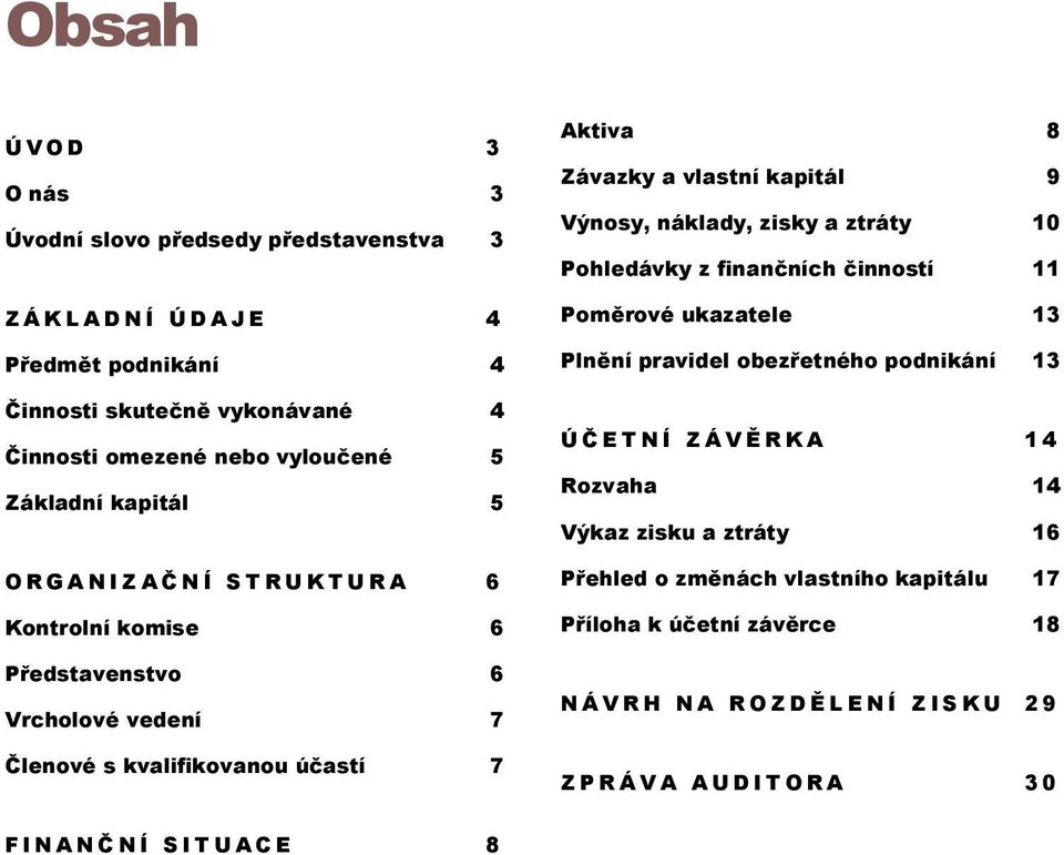 Výnosy, náklady, zisky a ztráty 10 Pohledávky z finančních činností 11 Poměrové ukazatele 13 Plnění pravidel obezřetného podnikání 13 Ú Č E T N Í Z Á V Ě R K A 1 4 Rozvaha 14 Výkaz