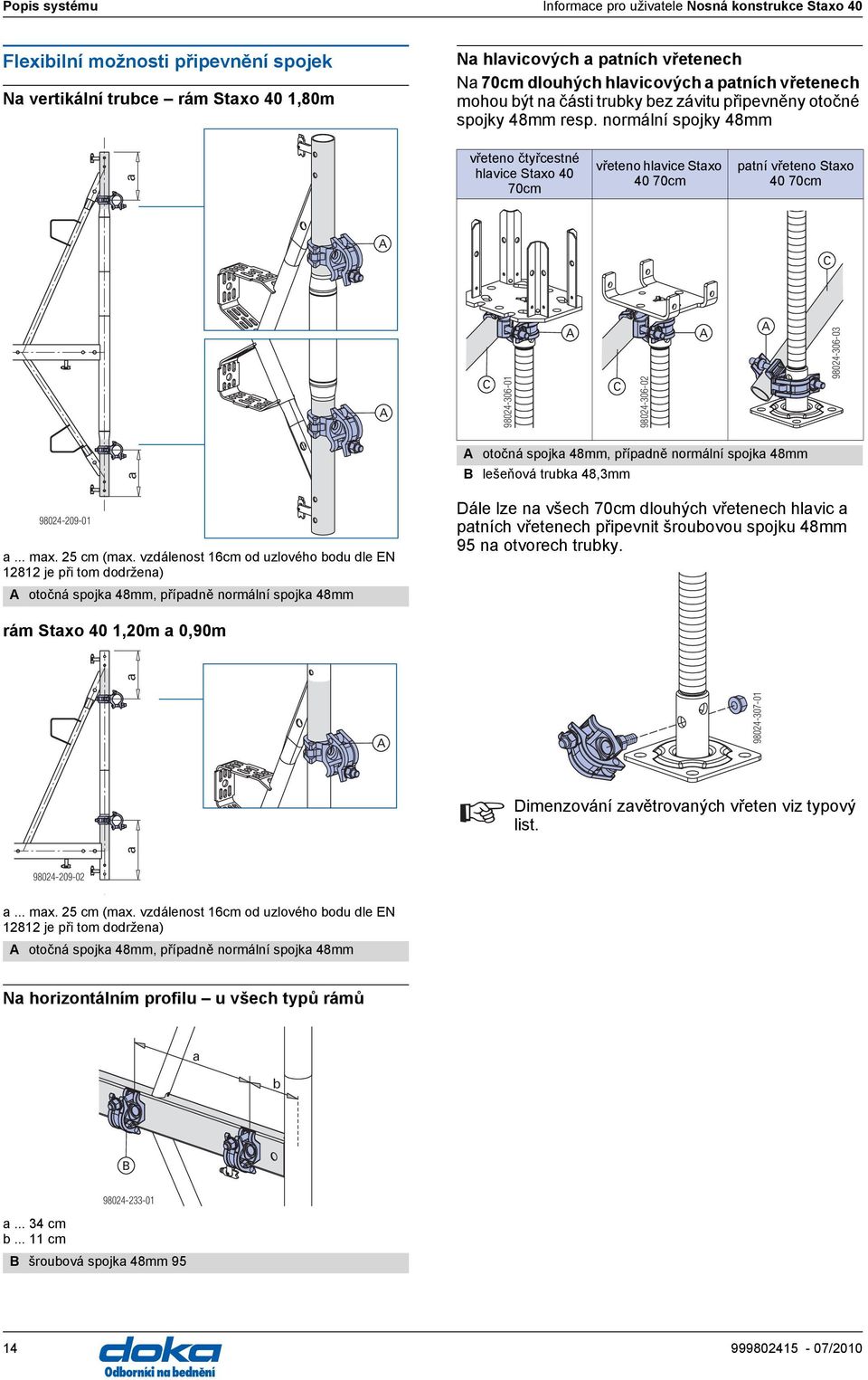 normální spojky 48mm a vřeteno čtyřcestné hlavice Staxo 40 70cm vřeteno hlavice Staxo 40 70cm patní vřeteno Staxo 40 70cm C C 98024-306-01 C 98024-306-02 98024-306-03 a otočná spojka 48mm, případně