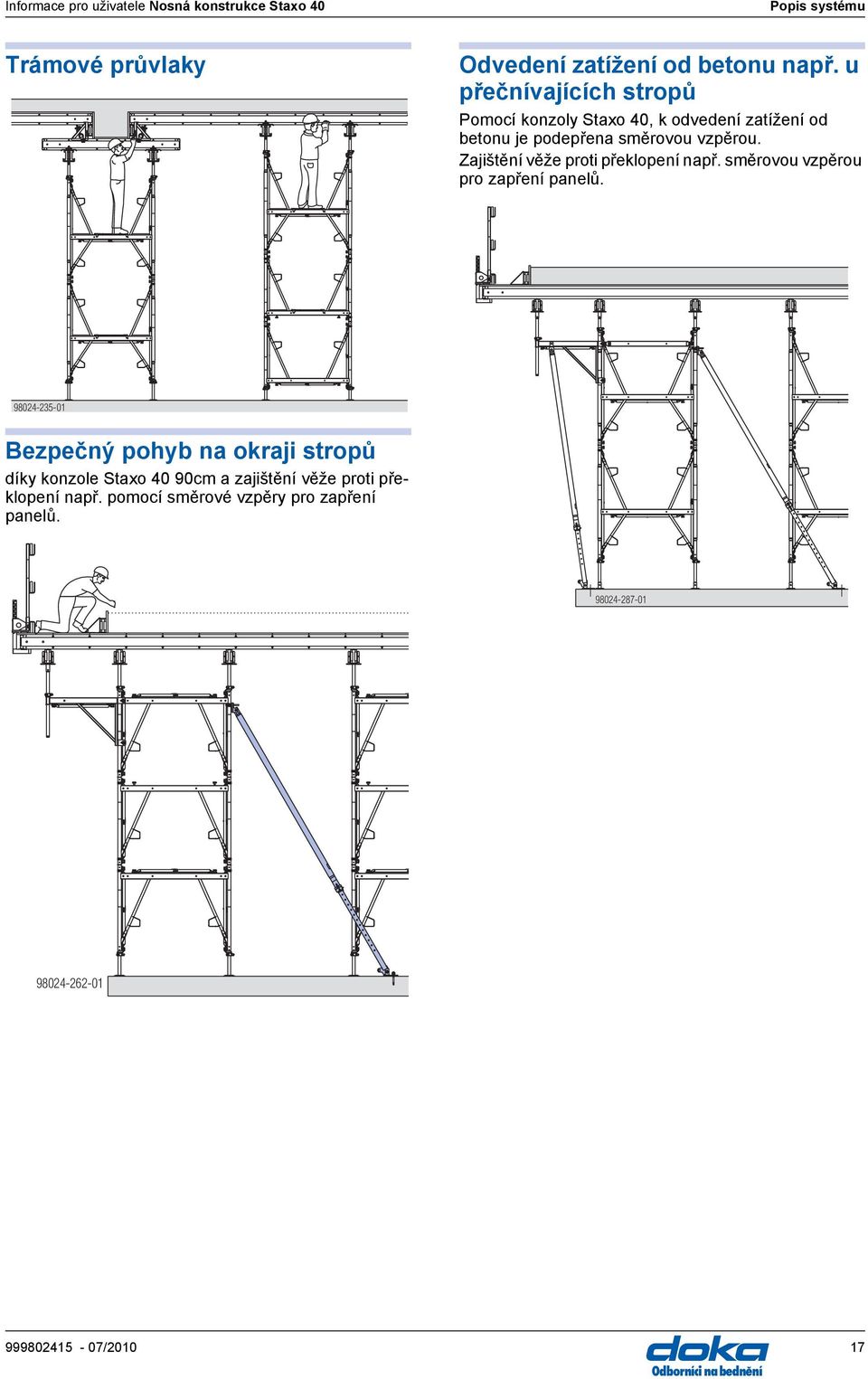 Zajištění věže proti překlopení např. směrovou vzpěrou pro zapření panelů.