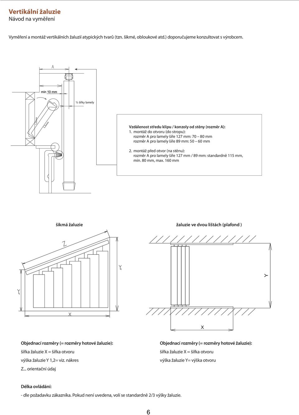 montáž před otvor (na stěnu): rozměr A pro lamely šíře 127 mm / 89 mm: standardně 115 mm, min. 80 mm, max.