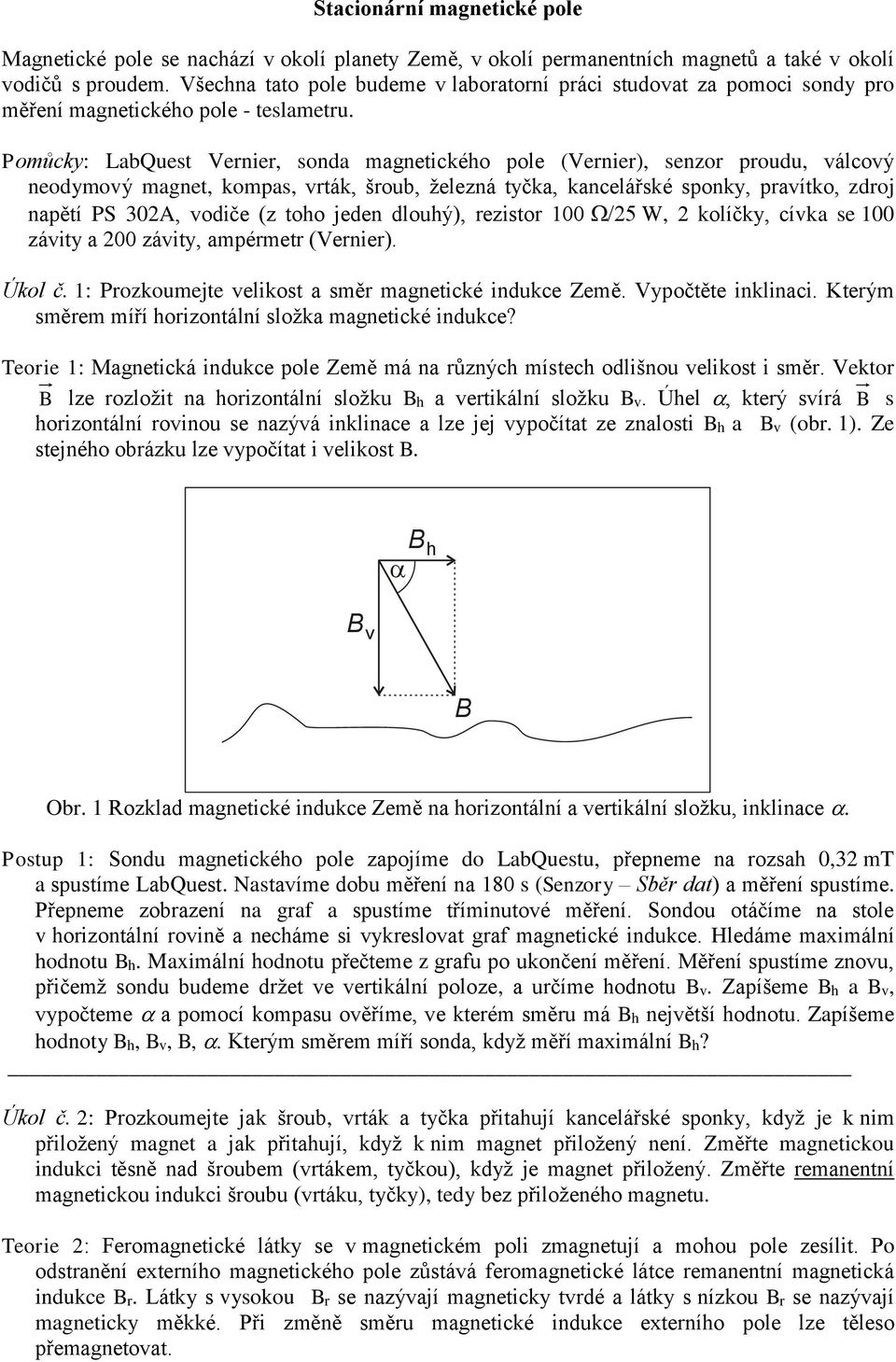 Pomůcky: LabQuest Vernier, sonda magnetického pole (Vernier), senzor proudu, válcový neodymový magnet, kompas, vrták, šroub, železná tyčka, kancelářské sponky, pravítko, zdroj napětí PS 302A, vodiče