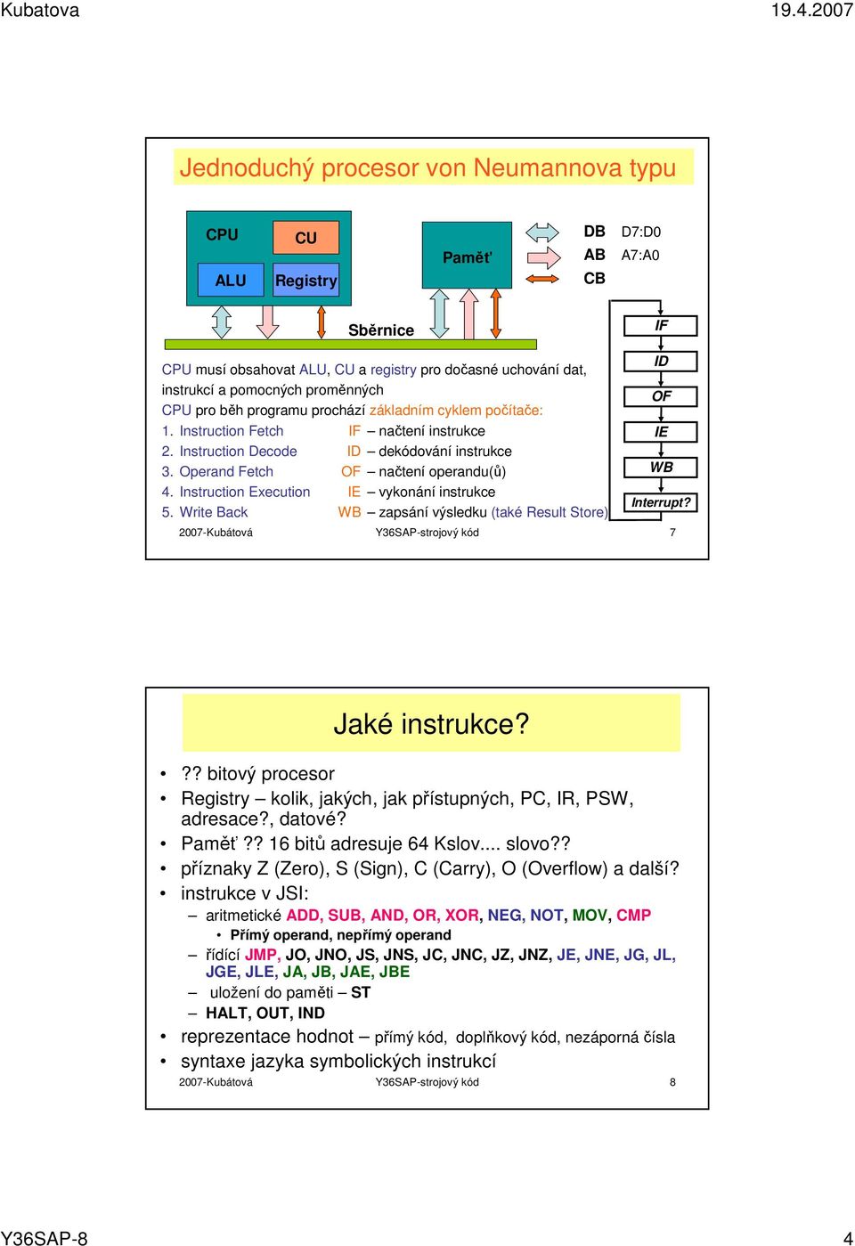 Instruction Execution IE vykonání instrukce 5. Write Back WB zapsání výsledku (také Result Store) 2007-Kubátová Y36SAP-strojový kód 7 ID OF IE WB Interrupt? Jaké instrukce?