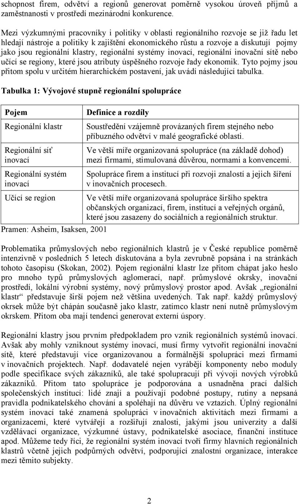 klastry, regionální systémy inovací, regionální inovační sítě nebo učící se regiony, které jsou atributy úspěšného rozvoje řady ekonomik.