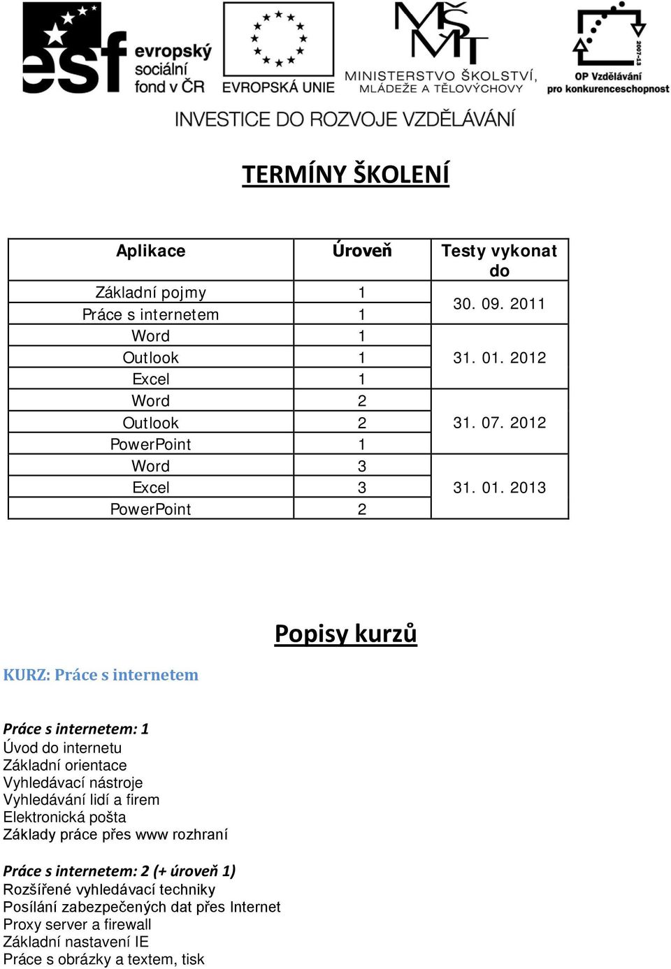 2013 PowerPoint 2 KURZ: Práce s internetem Popisy kurzů Práce s internetem: 1 Úvod do internetu Základní orientace Vyhledávací nástroje Vyhledávání