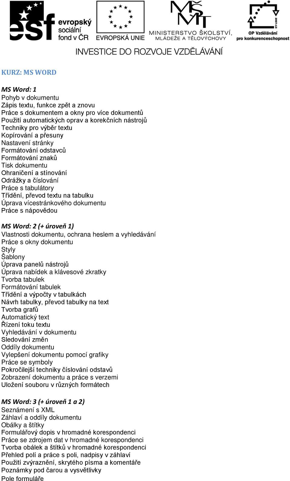 vícestránkového dokumentu Práce s nápovědou MS Word: 2 (+ úroveň 1) Vlastnosti dokumentu, ochrana heslem a vyhledávání Práce s okny dokumentu Styly Šablony Úprava panelů nástrojů Úprava nabídek a