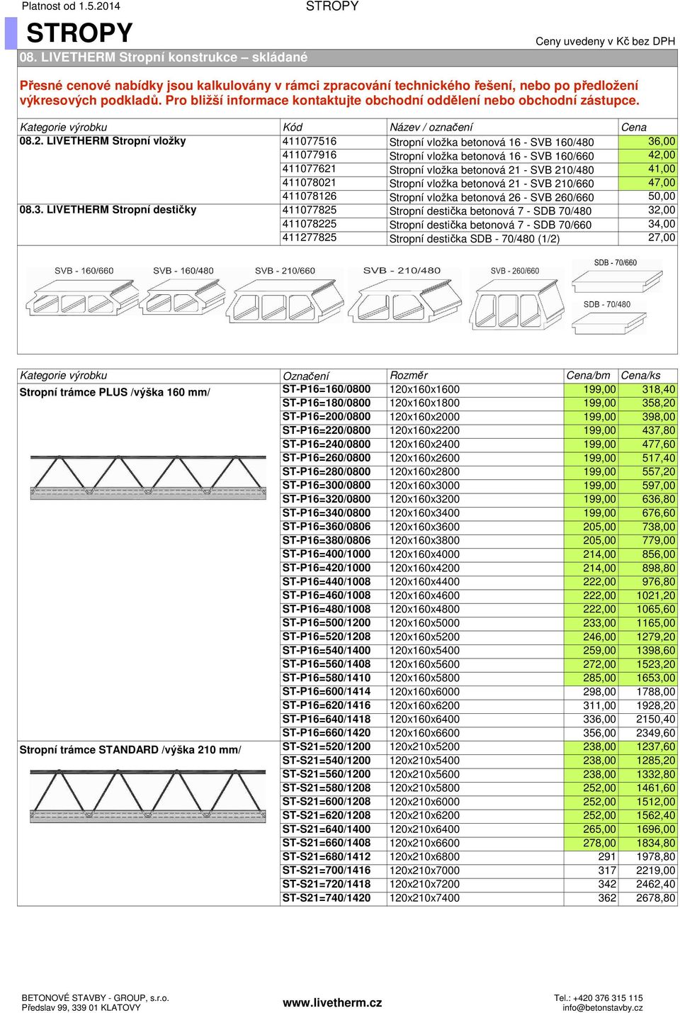 LIVETHERM Stropní vložky 411077516 Stropní vložka betonová 16 - SVB 160/480 36,00 411077916 Stropní vložka betonová 16 - SVB 160/660 42,00 411077621 Stropní vložka betonová 21 - SVB 210/480 41,00