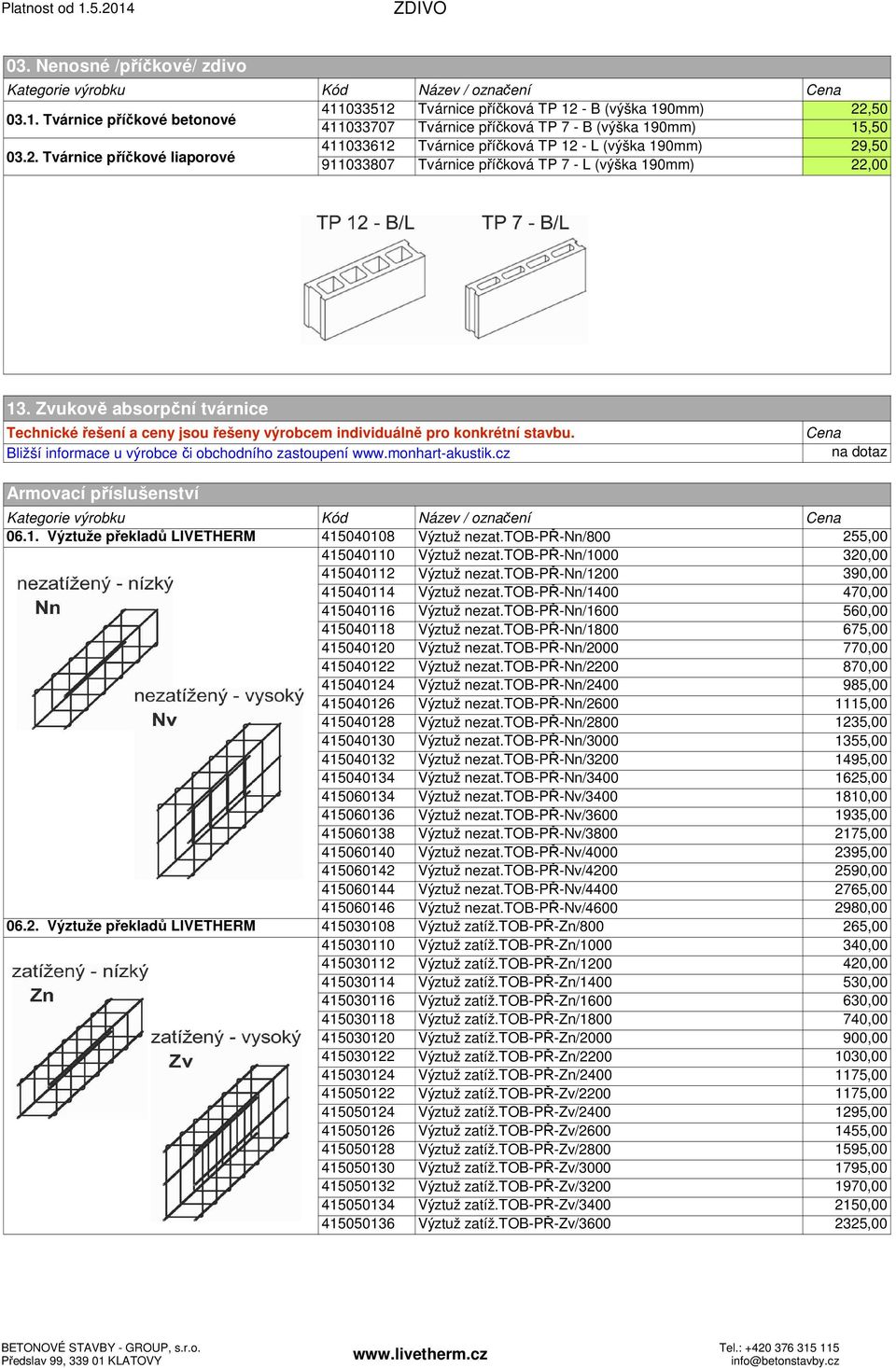 190mm) Tvárnice příčková TP 7 - L (výška 190mm) 15,50 22,00 13. Zvukově absorpční tvárnice Technické řešení a ceny jsou řešeny výrobcem individuálně pro konkrétní stavbu.