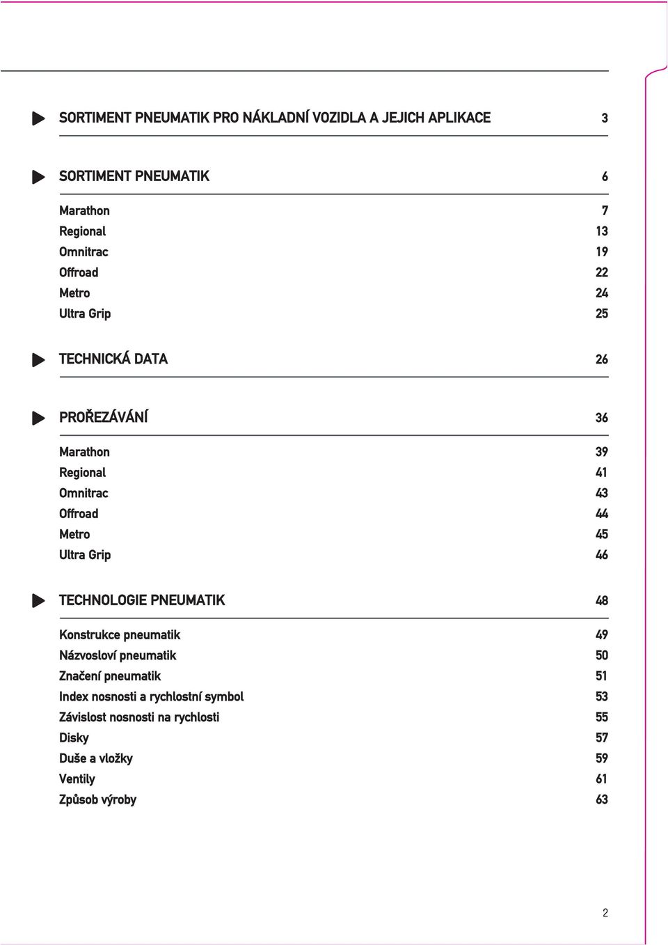 Metro 45 Ultra Grip 46 TECHNOLOGIE PNEUMATIK 48 Konstrukce pneumatik 49 Názvosloví pneumatik 50 Značení pneumatik 51