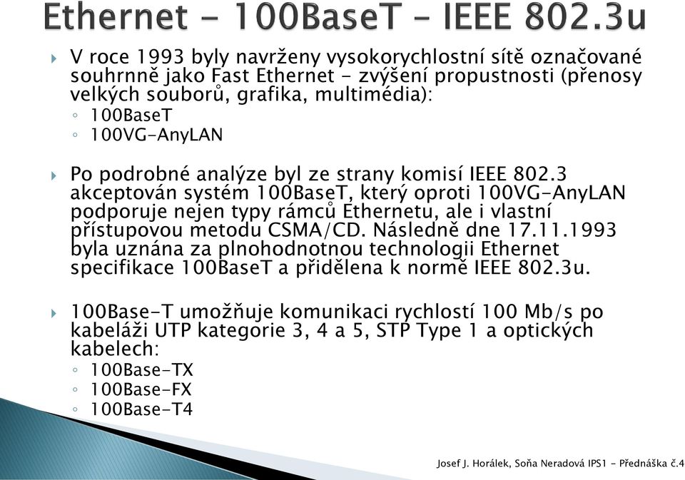3 akceptován systém 100BaseT, který oproti 100VG-AnyLAN podporuje nejen typy rámců Ethernetu, ale i vlastní přístupovou metodu CSMA/CD. Následně dne 17.11.