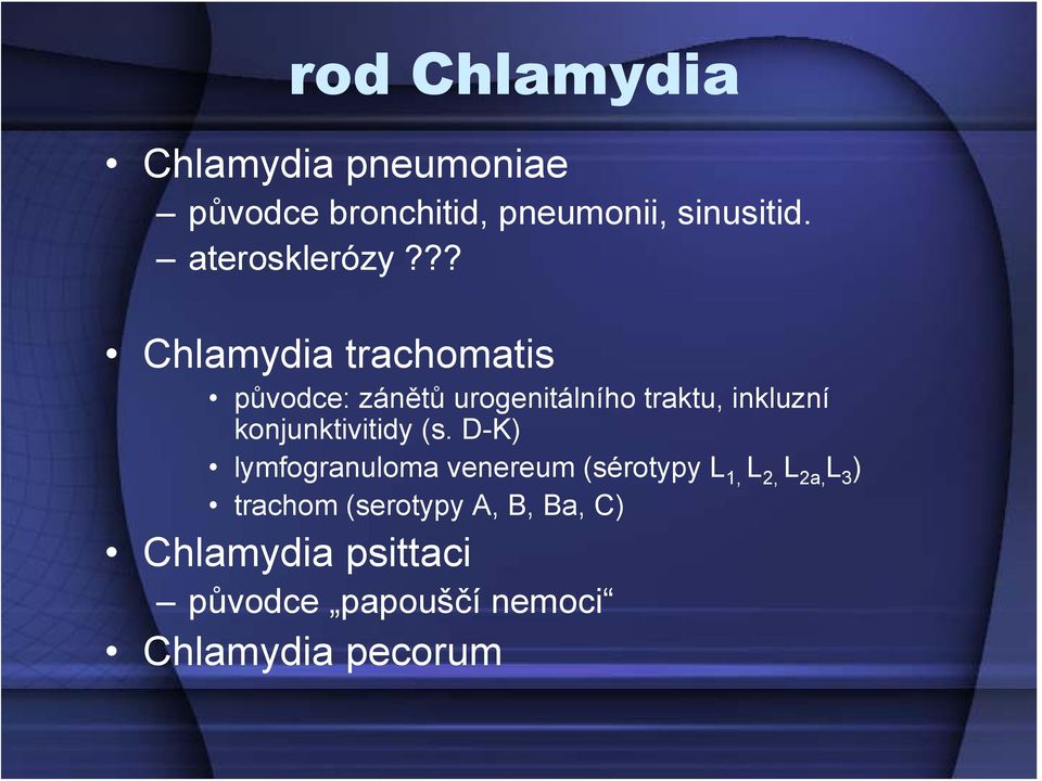 ?? Chlamydia trachomatis původce: zánětů urogenitálního traktu, inkluzní