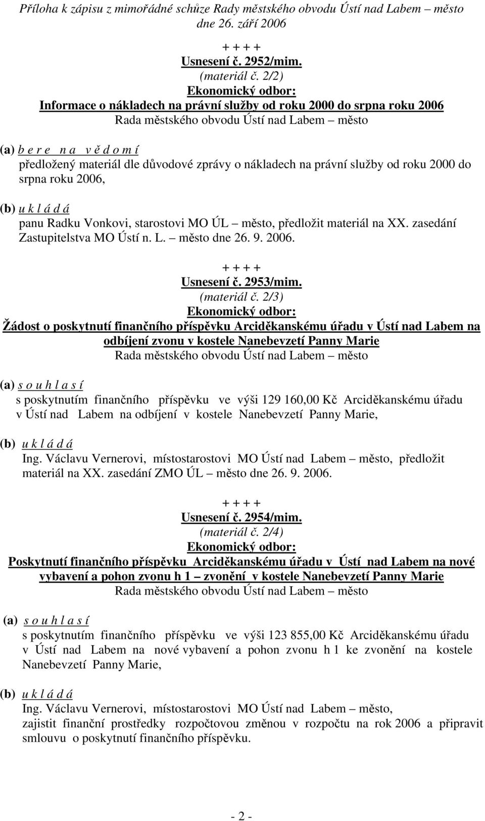 panu Radku Vonkovi, starostovi MO ÚL město, předložit materiál na XX. zasedání Zastupitelstva MO Ústí n. L. město dne 26. 9. 2006. Usnesení č. 2953/mim. (materiál č.