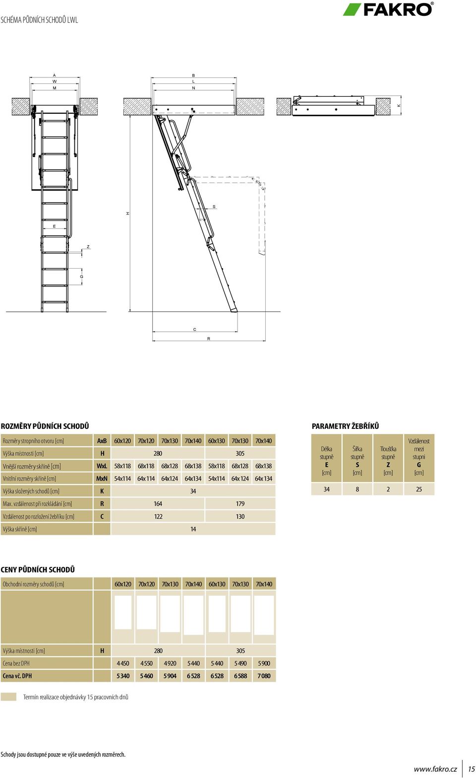 vzdálenost při rozkládání R 164 179 Vzdálenost po rozložení žebříku C 122 130 Výška skříně 14 PARAMETRY ŽEBŘÍKŮ Délka E Šířka Tloušťka Z Vzdálenost mezi stupni 34 8 2 25 CENY PŮDNÍCH CHODŮ Obchodní