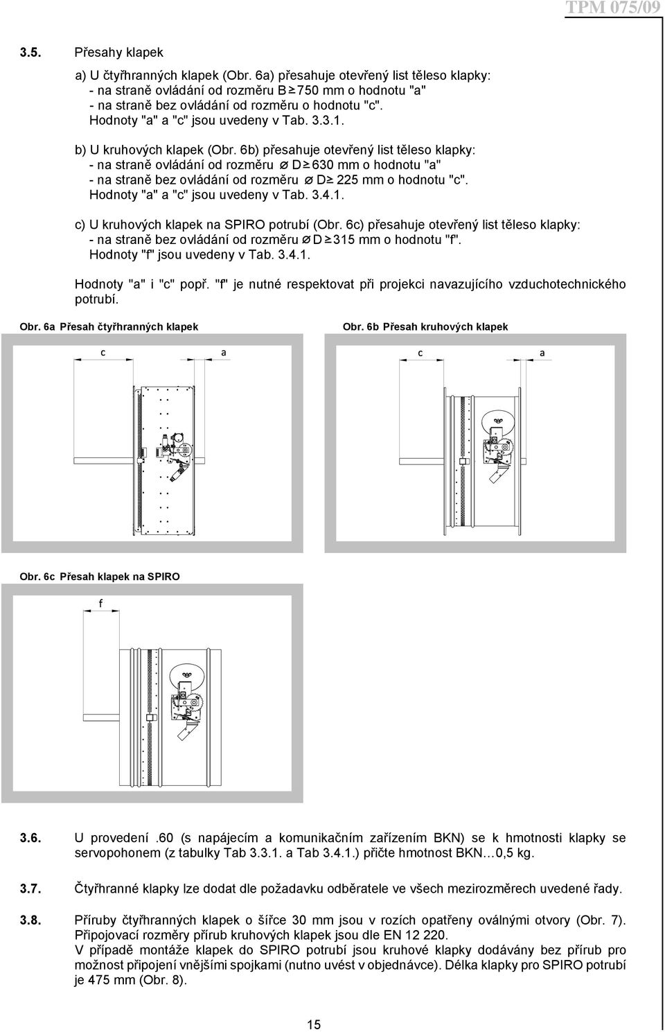 6b) přesahuje otevřený list těleso klapky: - na straně ovládání od rozměru D 630 mm o hodnotu "a" - na straně bez ovládání od rozměru D 225 mm o hodnotu "c". Hodnoty "a" a "c" jsou uvedeny v Tab. 3.4.