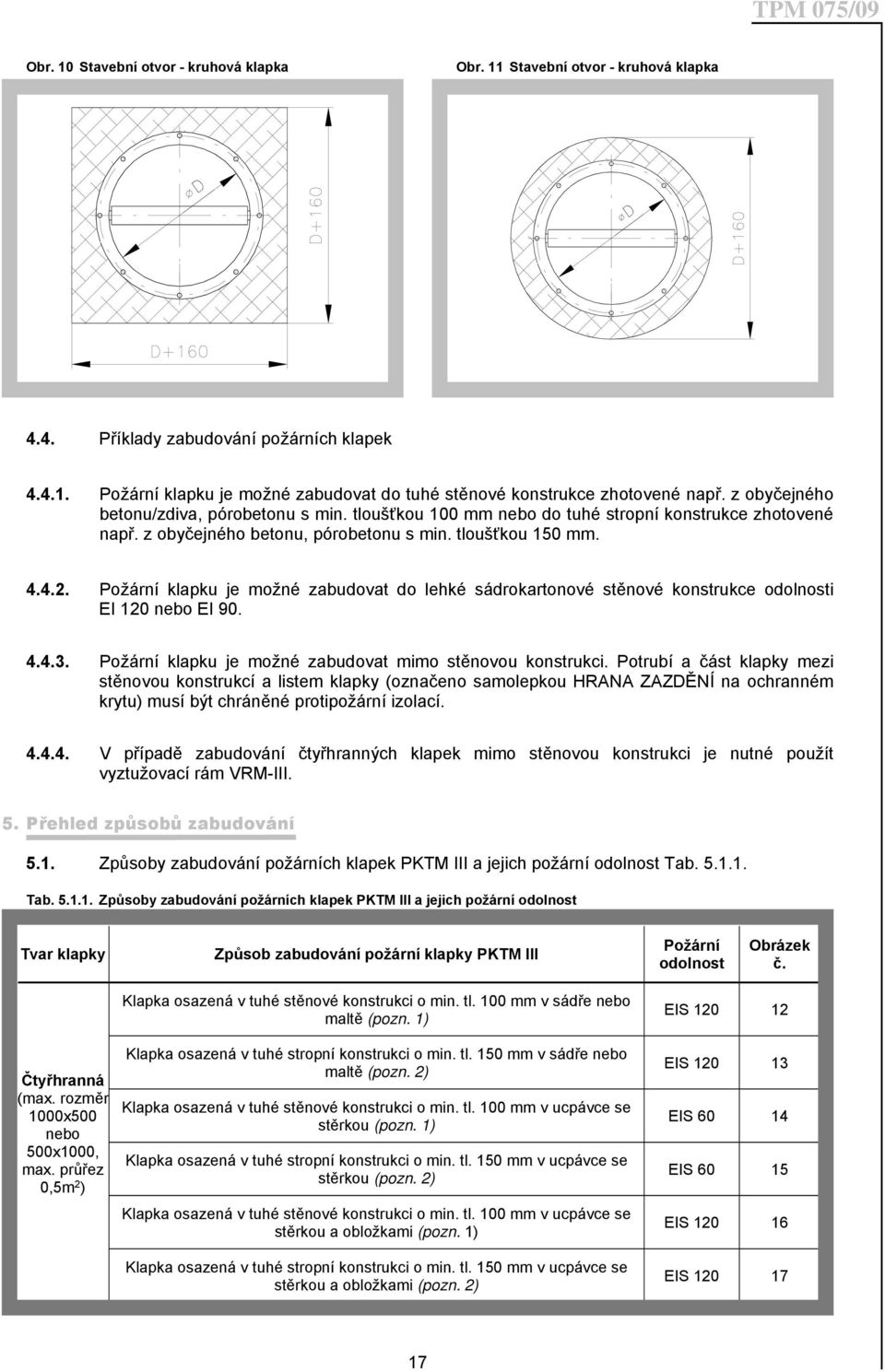 Požární klapku je možné zabudovat do lehké sádrokartonové stěnové konstrukce odolnosti EI 120 nebo EI 90. 4.4.3. Požární klapku je možné zabudovat mimo stěnovou konstrukci.