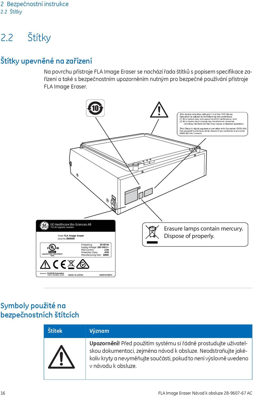 upozorněním nutným pro bezpečné používání přístroje FLA Image Eraser. Erasure lamps contain mercury. Dispose of properly.