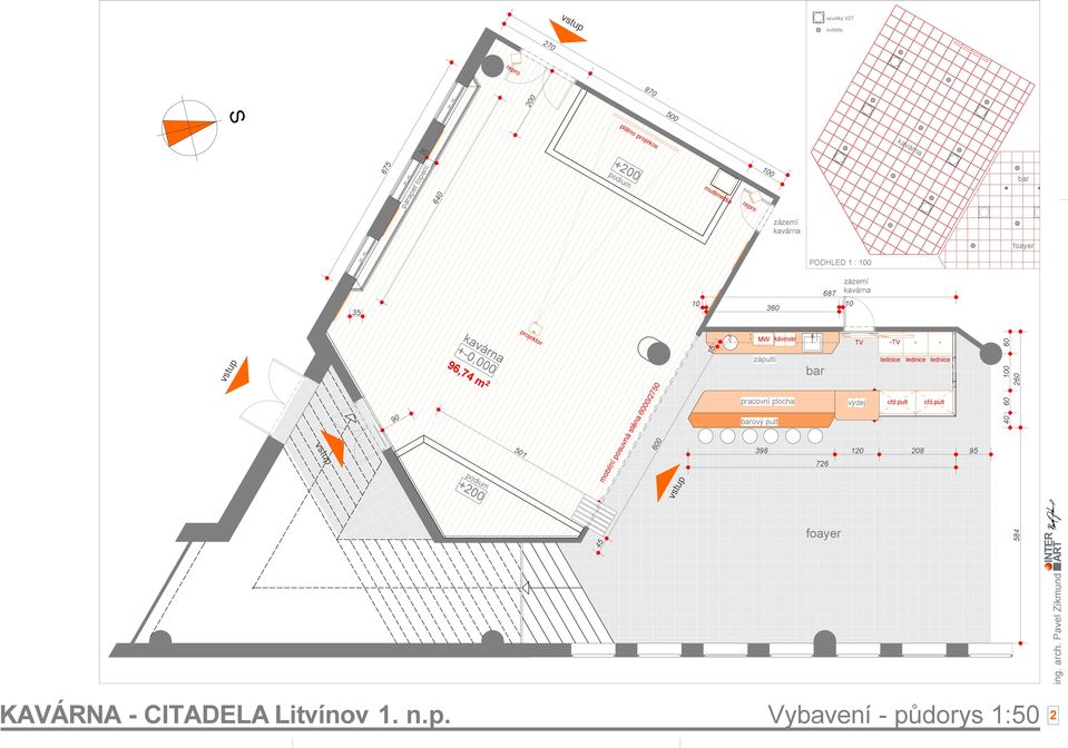 posuvná stěna 6000/2750 45 600 15 MW kávovar TV * TV * * zápultí pracovní plocha bar 80 barový pult 398 120 208 726 foayer výdej lednice