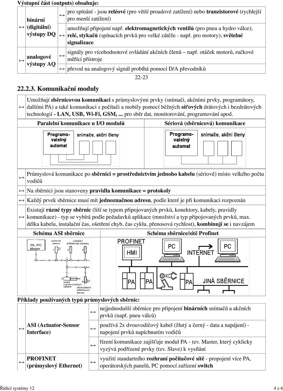 elektromagnetických ventilů (pro pneu a hydro válce); relé, stykačů (spínacích prvků pro velké zátěže - např. pro motory); světelné signalizace signály pro vícehodnotové ovládání akčních členů např.