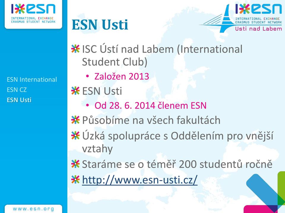 2014 členem ESN Působíme na všech fakultách Úzká spolupráce s
