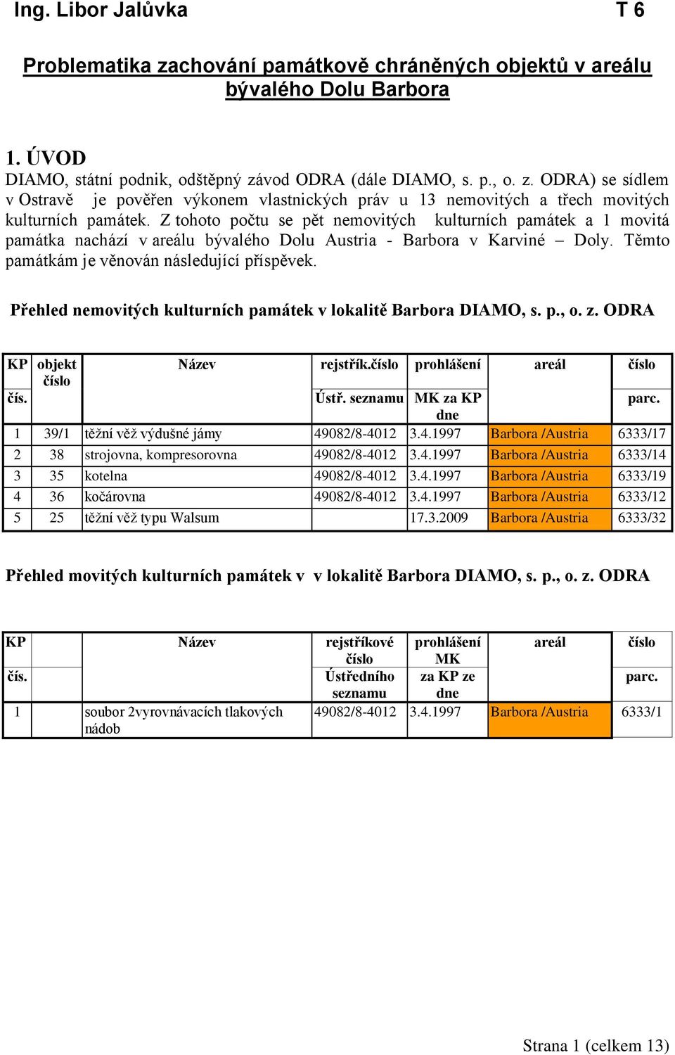 Přehled nemovitých kulturních památek v lokalitě Barbora DIAMO, s. p., o. z. ODRA KP objekt Název rejstřík.číslo prohlášení areál číslo číslo čís. Ústř. seznamu MK za KP parc.