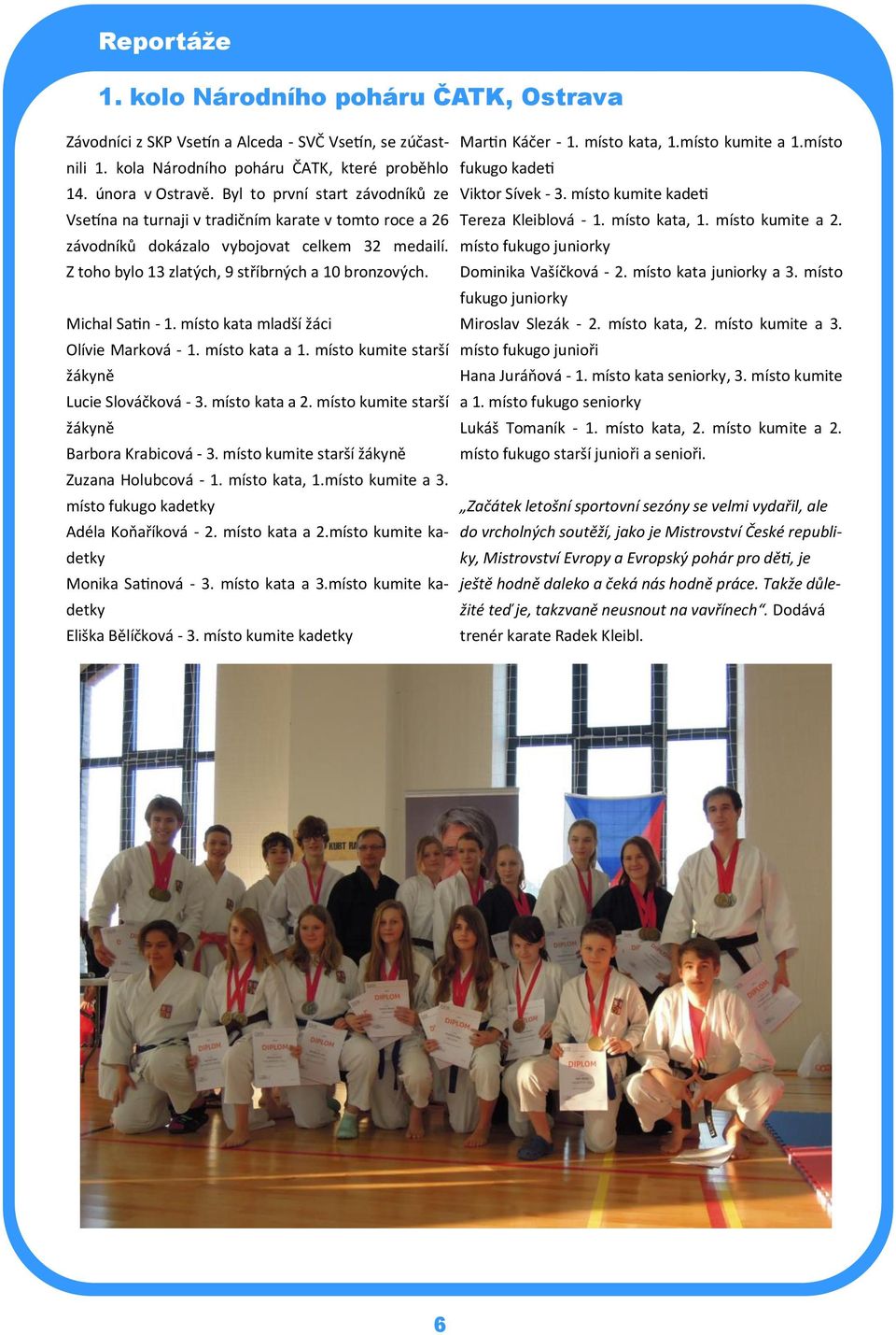 Michal Satin - 1. místo kata mladší žáci Olívie Marková - 1. místo kata a 1. místo kumite starší žákyně Lucie Slováčková - 3. místo kata a 2. místo kumite starší žákyně Barbora Krabicová - 3.