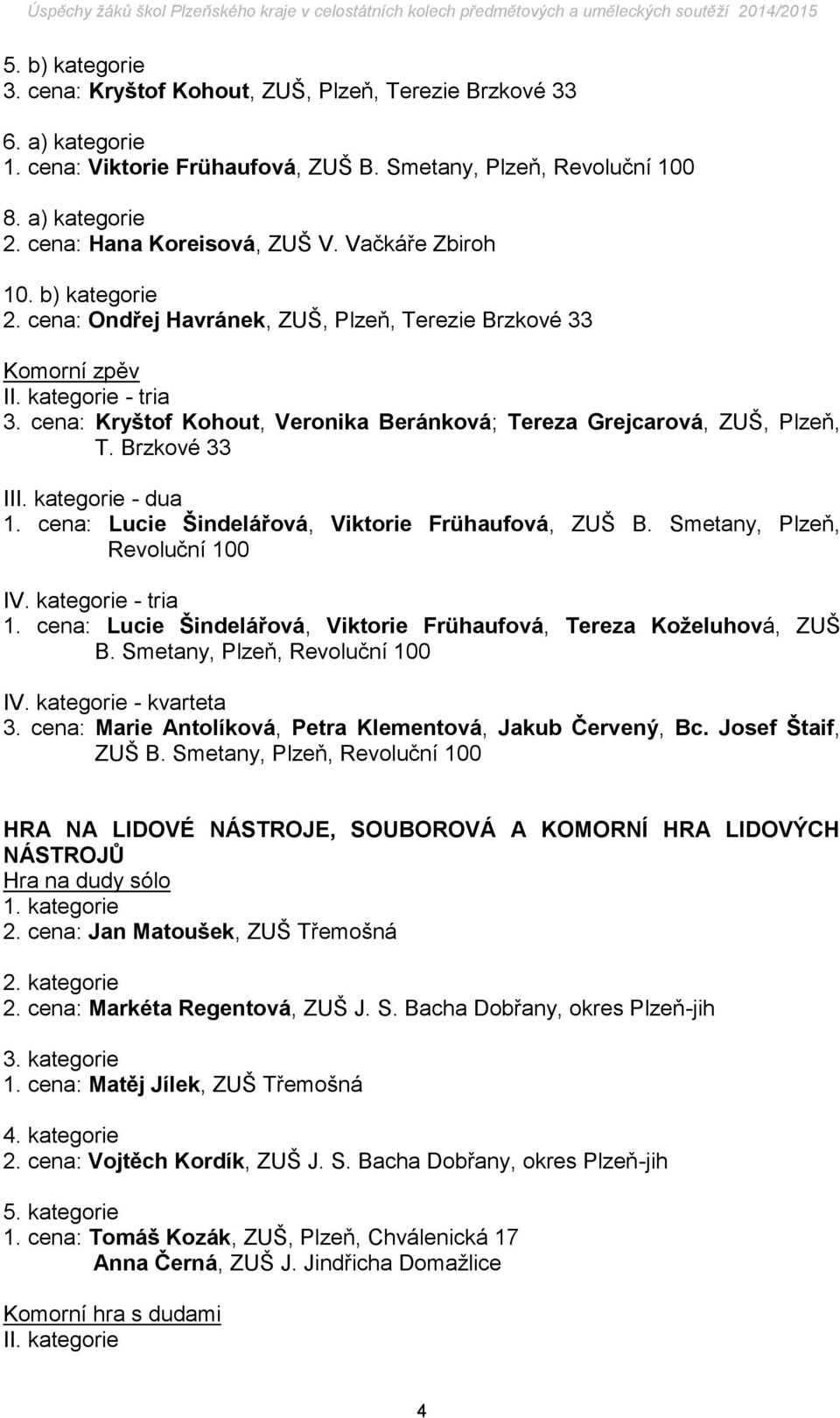 cena: Kryštof Kohout, Veronika Beránková; Tereza Grejcarová, ZUŠ, Plzeň, T. Brzkové 33 I - dua 1. cena: Lucie Šindelářová, Viktorie Frühaufová, ZUŠ B. Smetany, Plzeň, Revoluční 100 - tria 1.