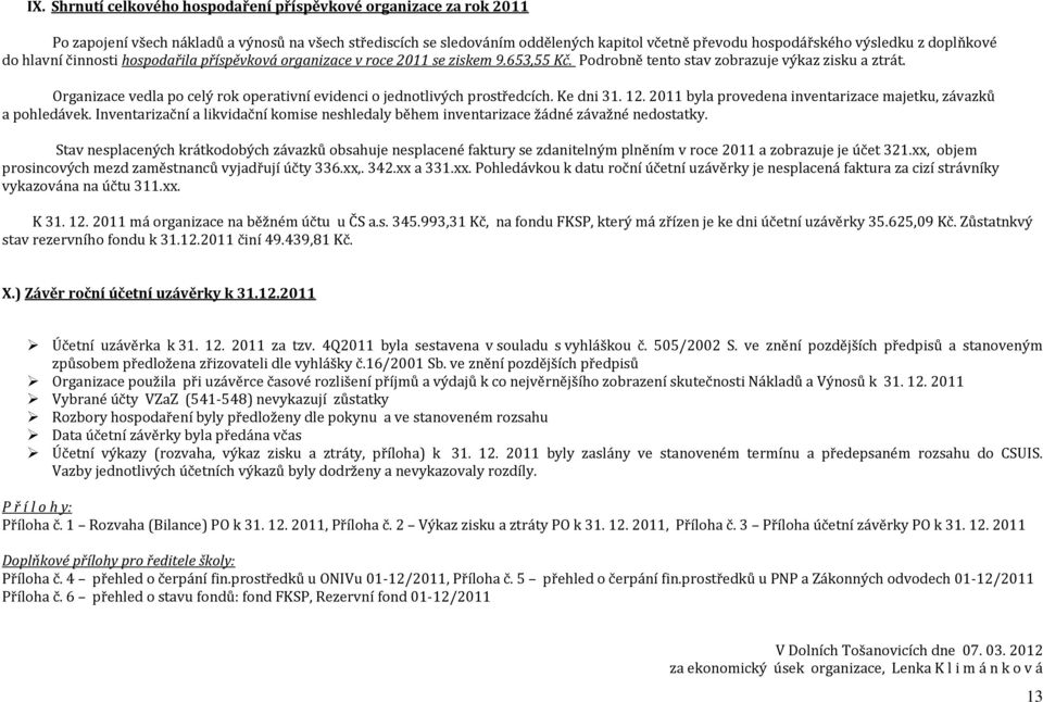 Organizace vedla po celý rok operativní evidenci o jednotlivých prostředcích. Ke dni 31. 12. 2011 byla provedena inventarizace majetku, závazků a pohledávek.