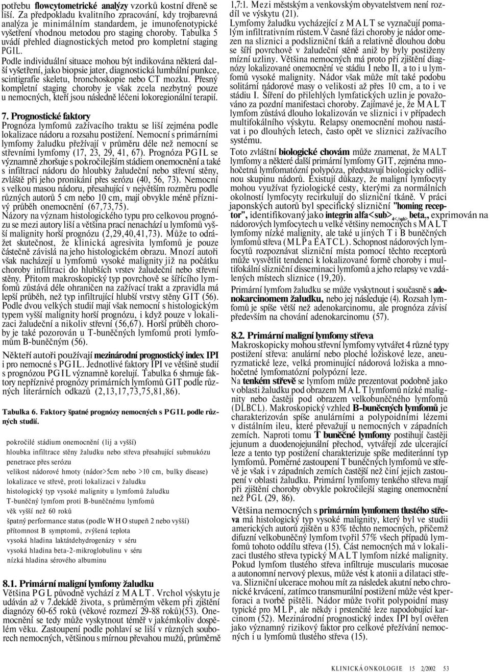 Tabulka 5 uvádí přehled diagnostických metod pro kompletní staging PGIL.