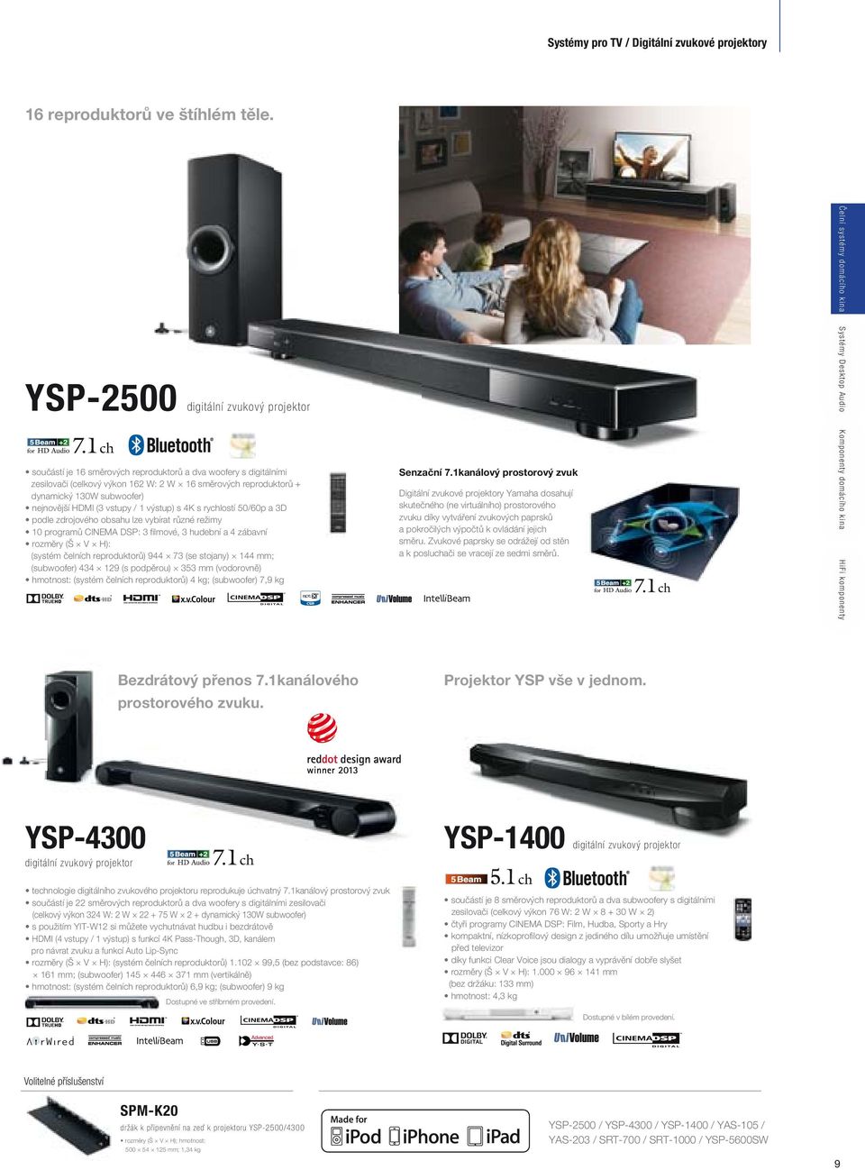 nejnovější HDMI (3 vstupy / 1 výstup) s 4K s rychlostí 50/60p a 3D podle zdrojového obsahu lze vybírat různé režimy 10 programů CINEMA DSP: 3 filmové, 3 hudební a 4 zábavní rozměry (Š V H): (systém