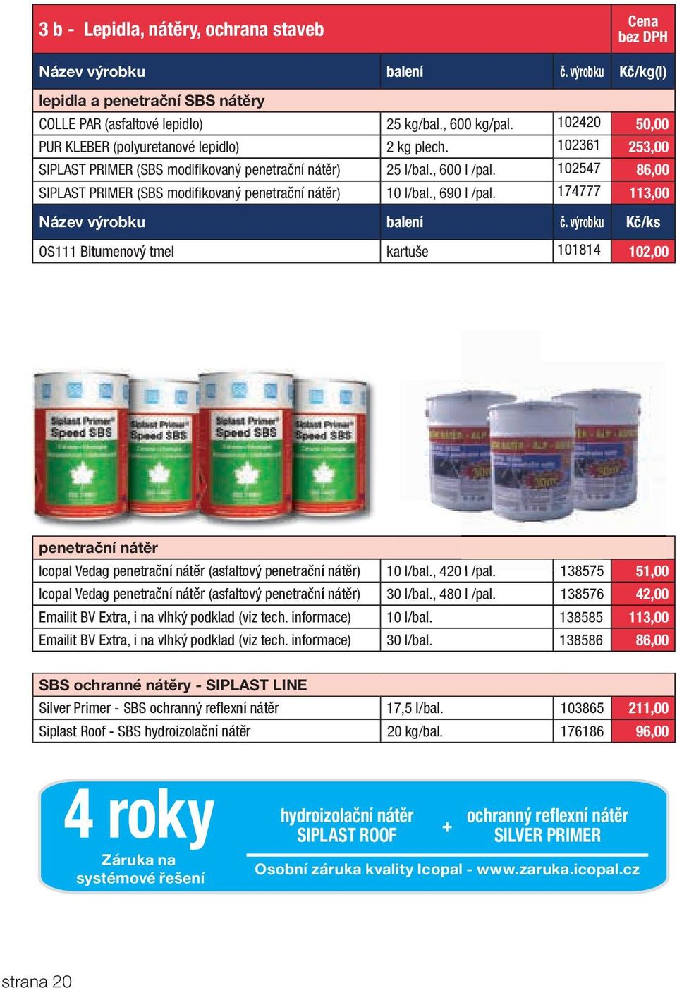 102547 86,00 SIPLAST PRIMER (SBS modifi kovaný penetrační nátěr) 10 l/bal., 690 l /pal. 174777 113,00 Název výrobku balení č.