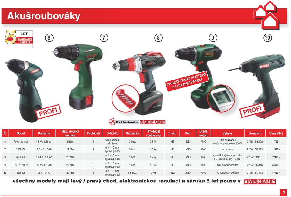 Sklíčidlo Nabíječka, výměnné ø 1-10 mm, ø 1-10 mm, ø 1-10 mm, ø 1-13 mm, Hmotnost včetně aku 2. aku Kufr Brzda motoru 2-hod.