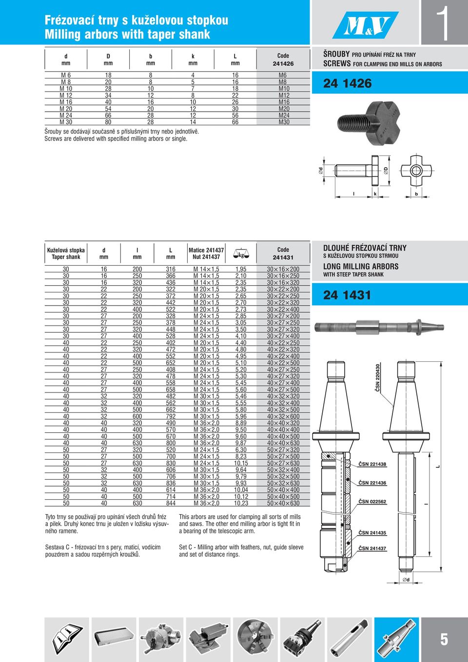 šrouby pro upínání fréz na trny screws for clamping end mills on arbors 24 1426 1 Kuželová stopka Taper shank d l Matice 241437 Nut 241437 241431 30 16 200 316 M 14 1,5 1,95 30 16 200 30 16 250 366 M