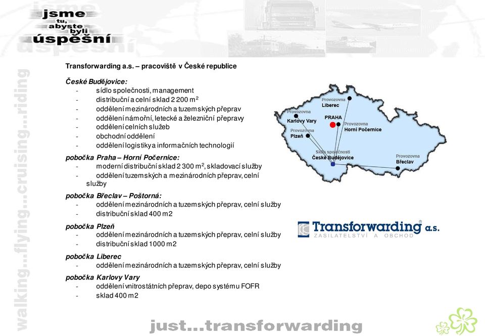 pracoviště v České republice České Budějovice: - sídlo společnosti, management - distribuční a celní sklad 2 200 m 2 - oddělení mezinárodních a tuzemských přeprav - oddělení námořní, letecké a