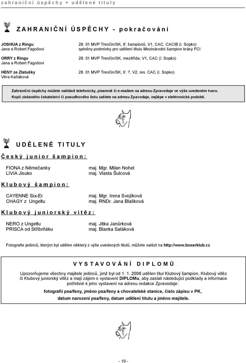 Sopko) 28. 01 MVP Trenčín/SK, tř.?, V2, res. CAC (I. Sopko) Zahraniční úspěchy můžete nahlásit telefonicky, písemně či e-mailem na adresu Zpravodaje ve výše uvedeném tvaru.