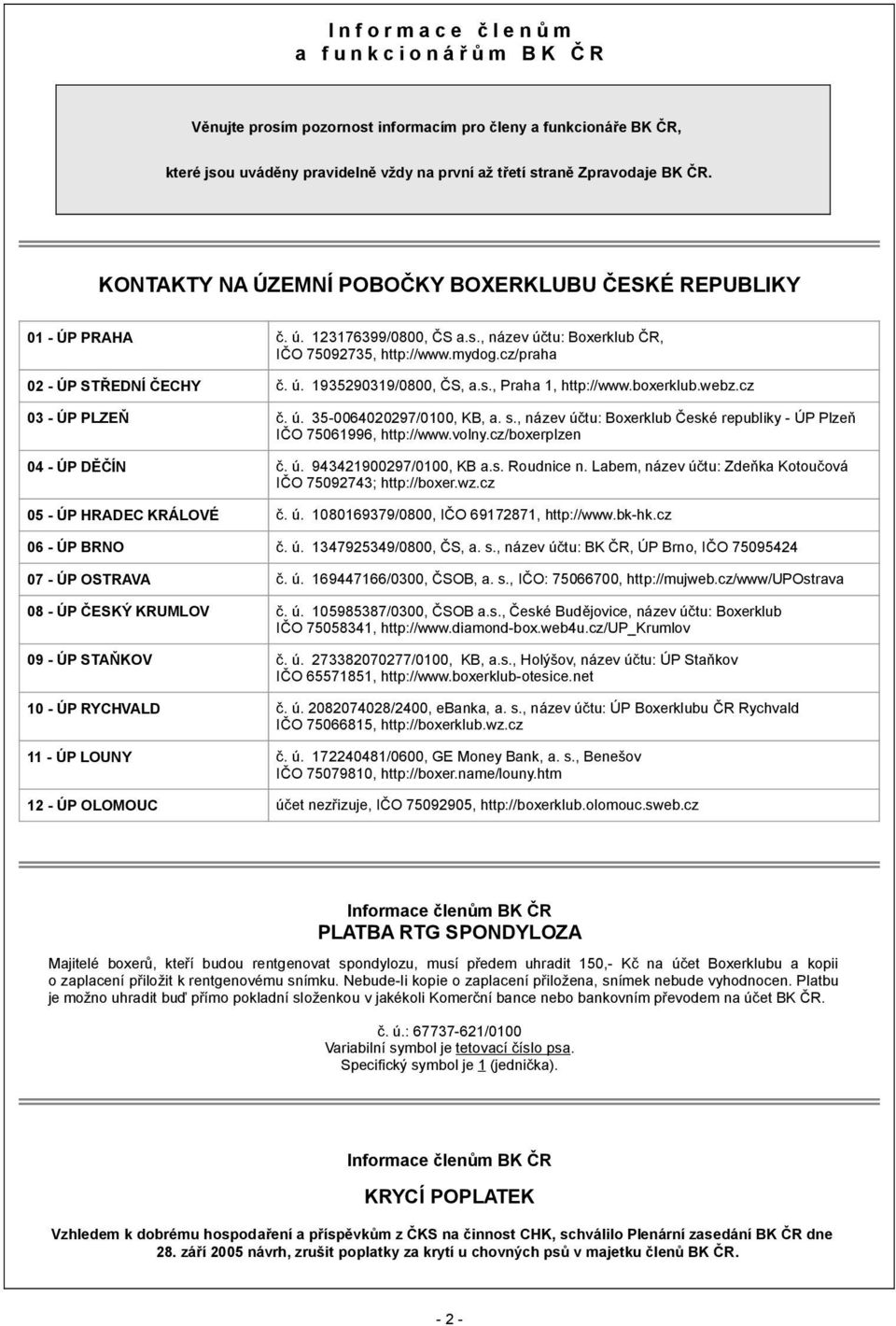 cz/praha 02 - ÚP STŘEDNÍ ČECHY č. ú. 1935290319/0800, ČS, a.s., Praha 1, http://www.boxerklub.webz.cz 03 - ÚP PLZEŇ č. ú. 35-0064020297/0100, KB, a. s.