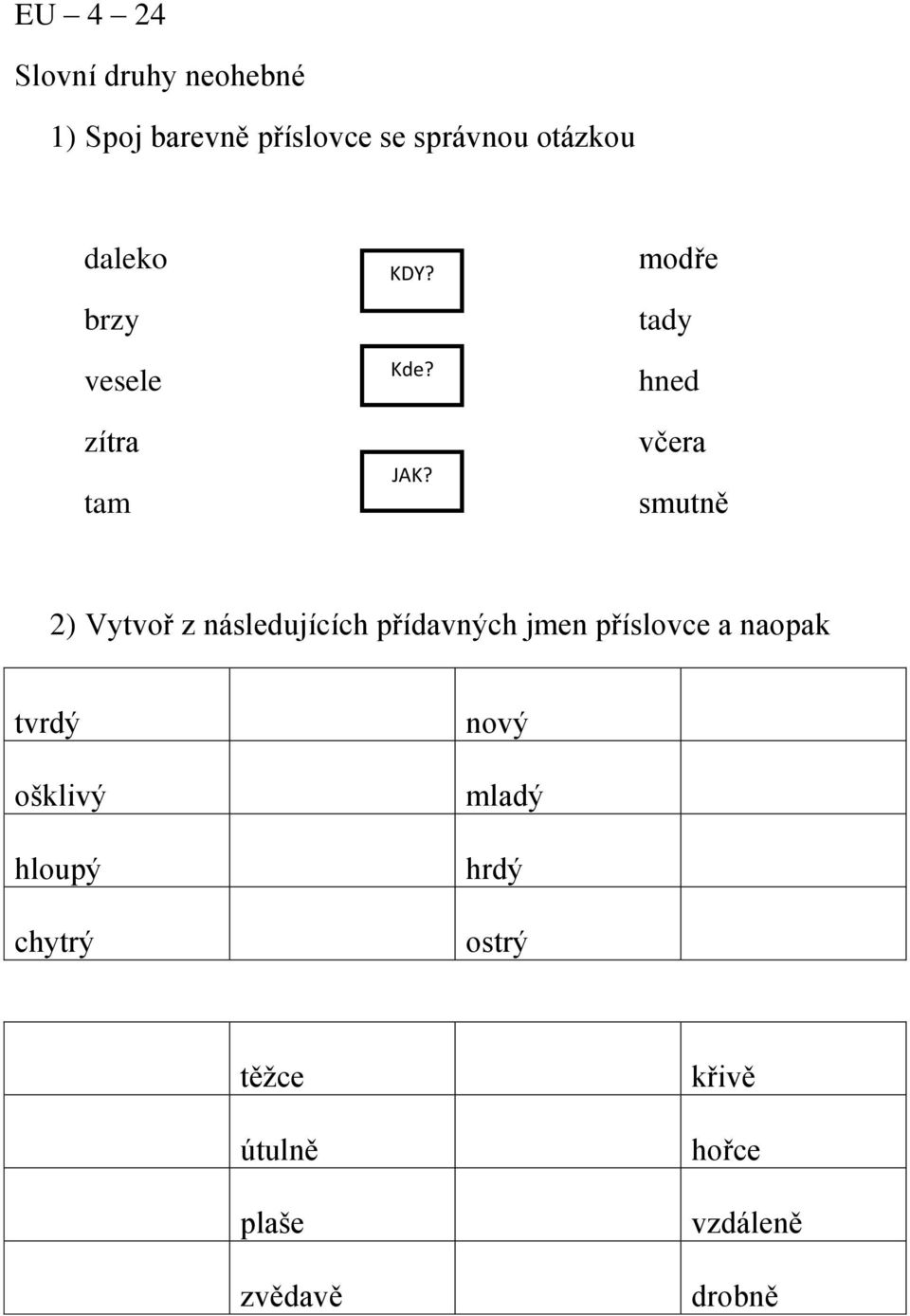 modře tady hned včera smutně 2) Vytvoř z následujících přídavných jmen