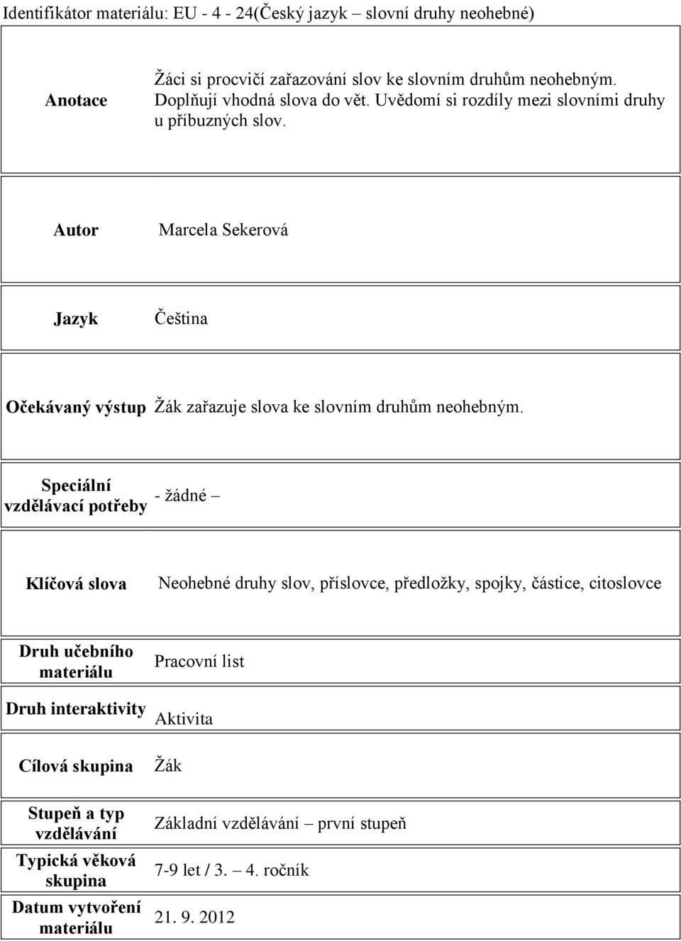 Speciální vzdělávací potřeby - žádné Klíčová slova Neohebné druhy slov, příslovce, předložky, spojky, částice, citoslovce Druh učebního materiálu Pracovní list Druh