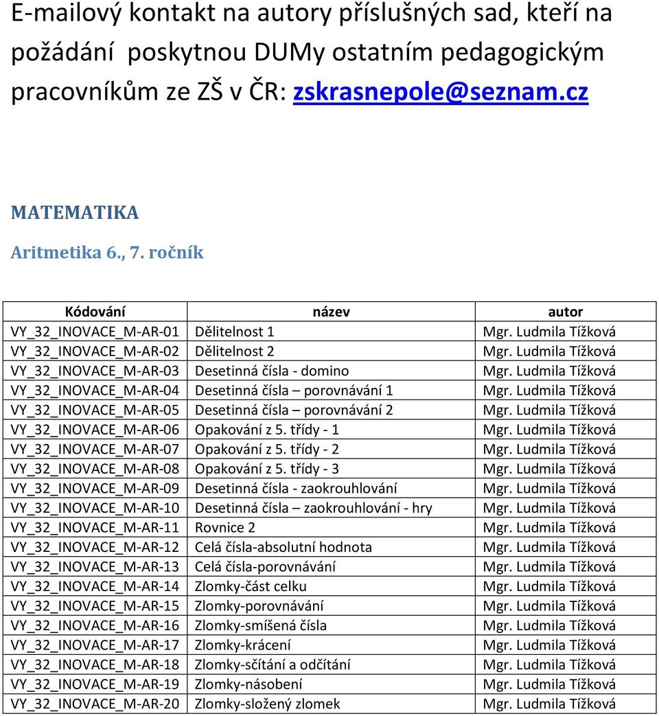 Ludmila Tížková VY_32_INOVACE_M-AR-04 Desetinná čísla porovnávání 1 Mgr. Ludmila Tížková VY_32_INOVACE_M-AR-05 Desetinná čísla porovnávání 2 Mgr. Ludmila Tížková VY_32_INOVACE_M-AR-06 Opakování z 5.