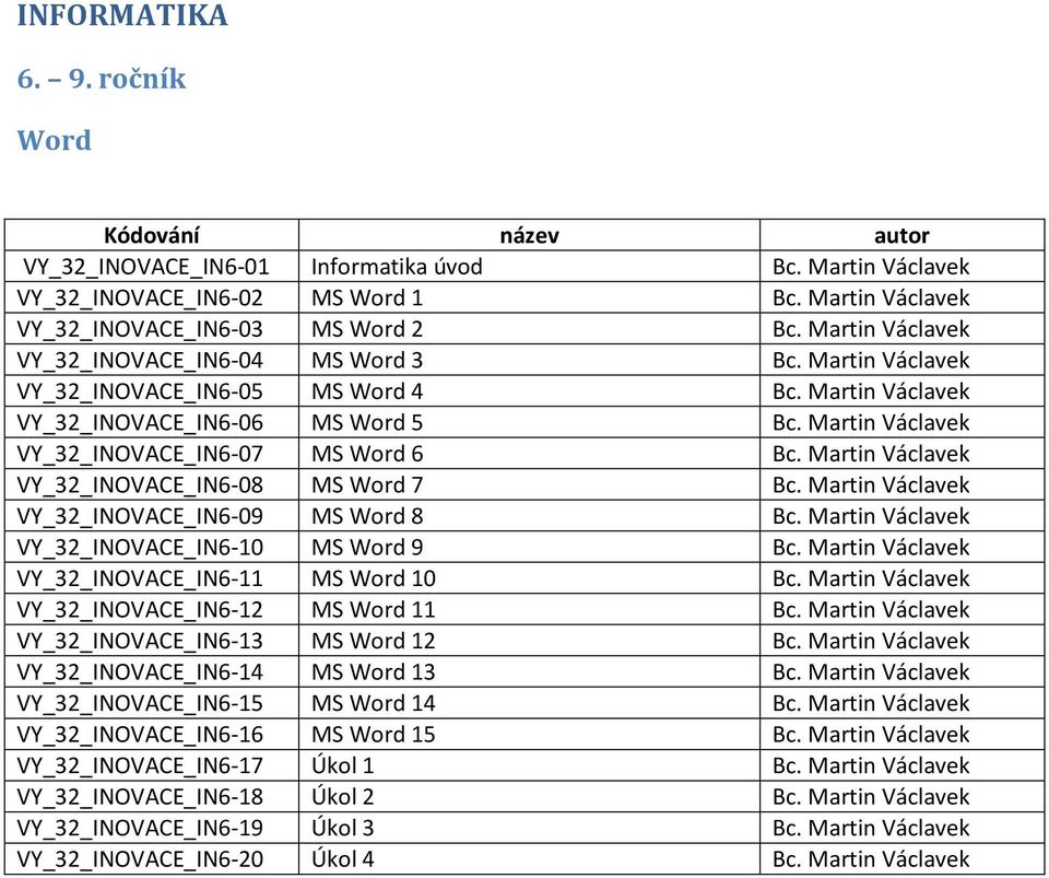 Martin Václavek VY_32_INOVACE_IN6-07 MS Word 6 Bc. Martin Václavek VY_32_INOVACE_IN6-08 MS Word 7 Bc. Martin Václavek VY_32_INOVACE_IN6-09 MS Word 8 Bc.