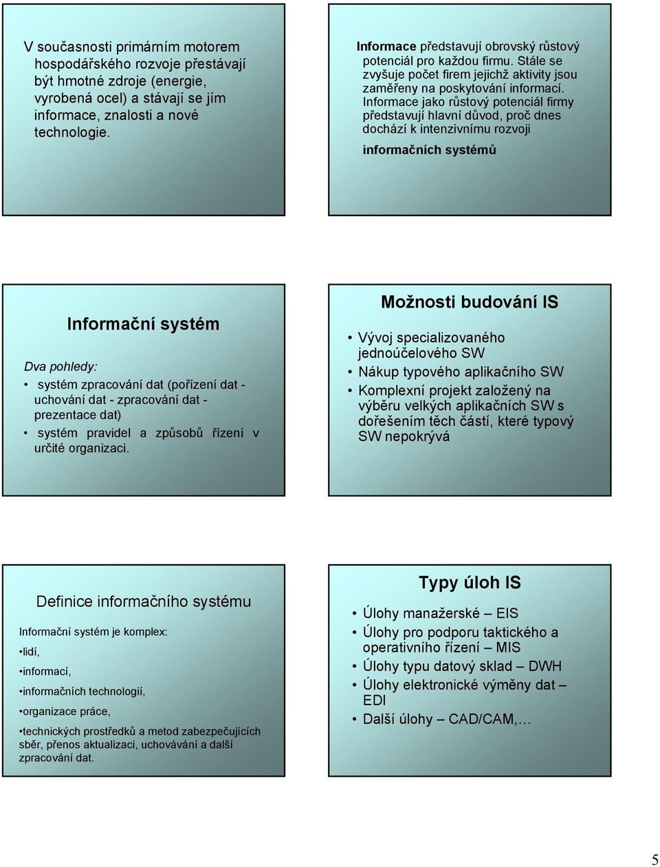 Informace jako růstový potenciál firmy představují hlavní důvod, proč dnes dochází k intenzivnímu rozvoji informačních systémů Informační systém Dva pohledy: systém zpracování dat (pořízení dat -