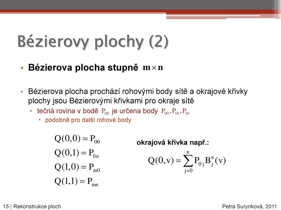 pro další rohové body P00 je určena body P00, P10, P01 Q(0,0) P Q(0,1) P Q(1,0) P Q(1,1) P 00