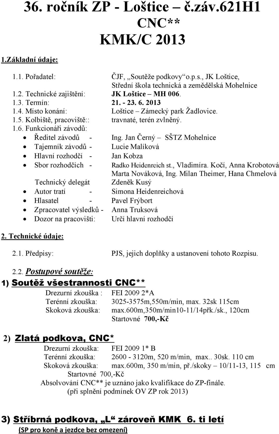 Jan Černý SŠTZ Mohelnice Tajemník závodů - Lucie Malíková Hlavní rozhodčí - Jan Kobza Sbor rozhodčích - Radko Heidenreich st., Vladimíra. Kočí, Anna Krobotová Marta Nováková, Ing.