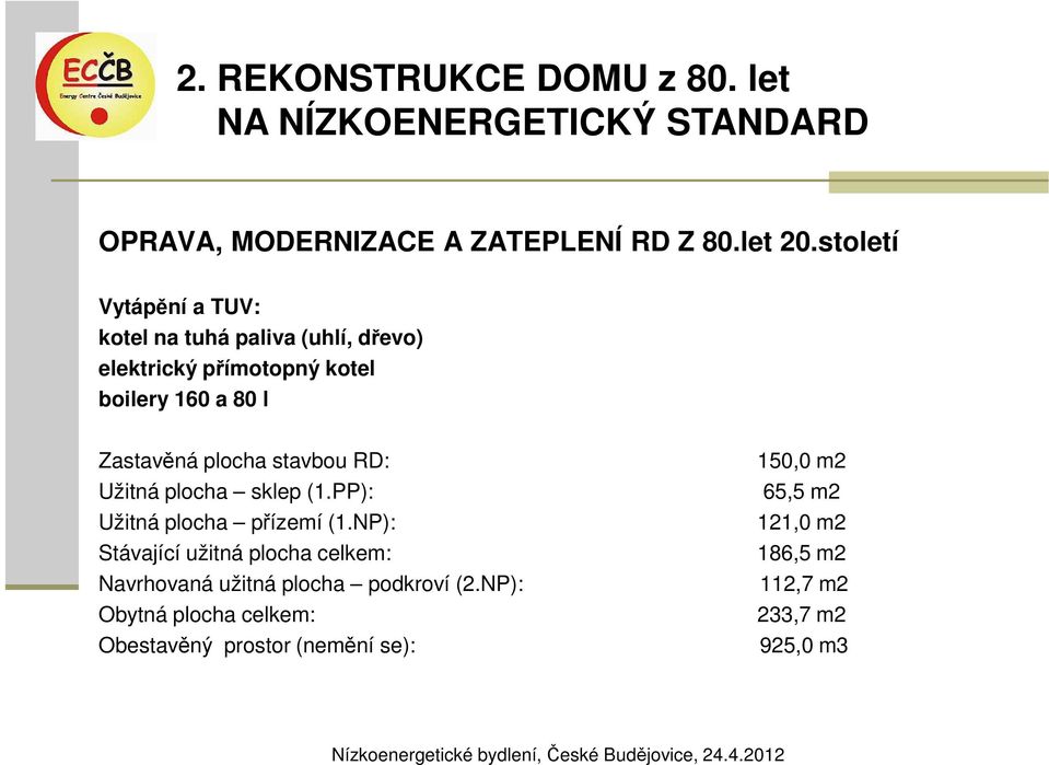 Zastavěná plocha stavbou RD: Užitná plocha sklep (1.PP): Užitná plocha přízemí (1.