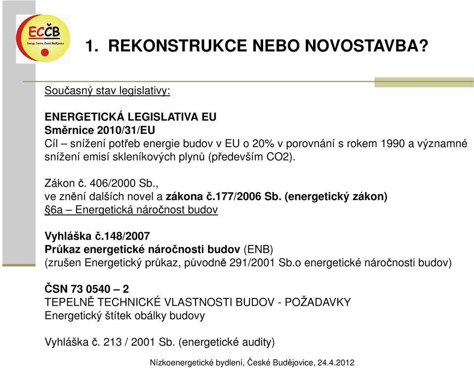 snížení emisí skleníkových plynů (především CO2). Zákon č. 406/2000 Sb., ve znění dalších novel a zákona č.177/2006 Sb.