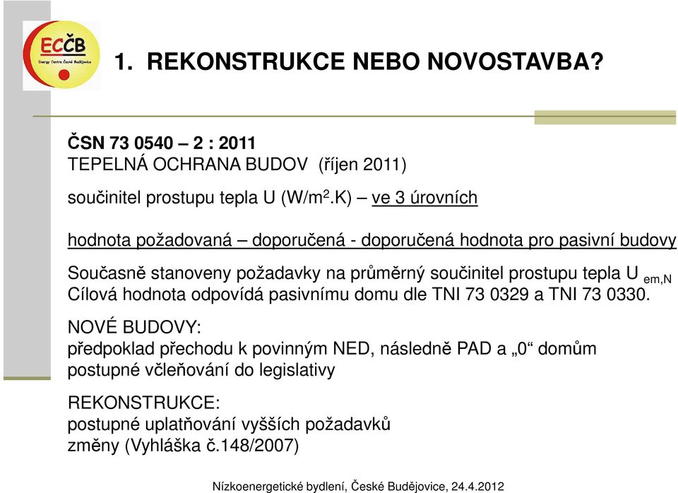 součinitel prostupu tepla U em,n Cílová hodnota odpovídá pasivnímu domu dle TNI 73 0329 a TNI 73 0330.