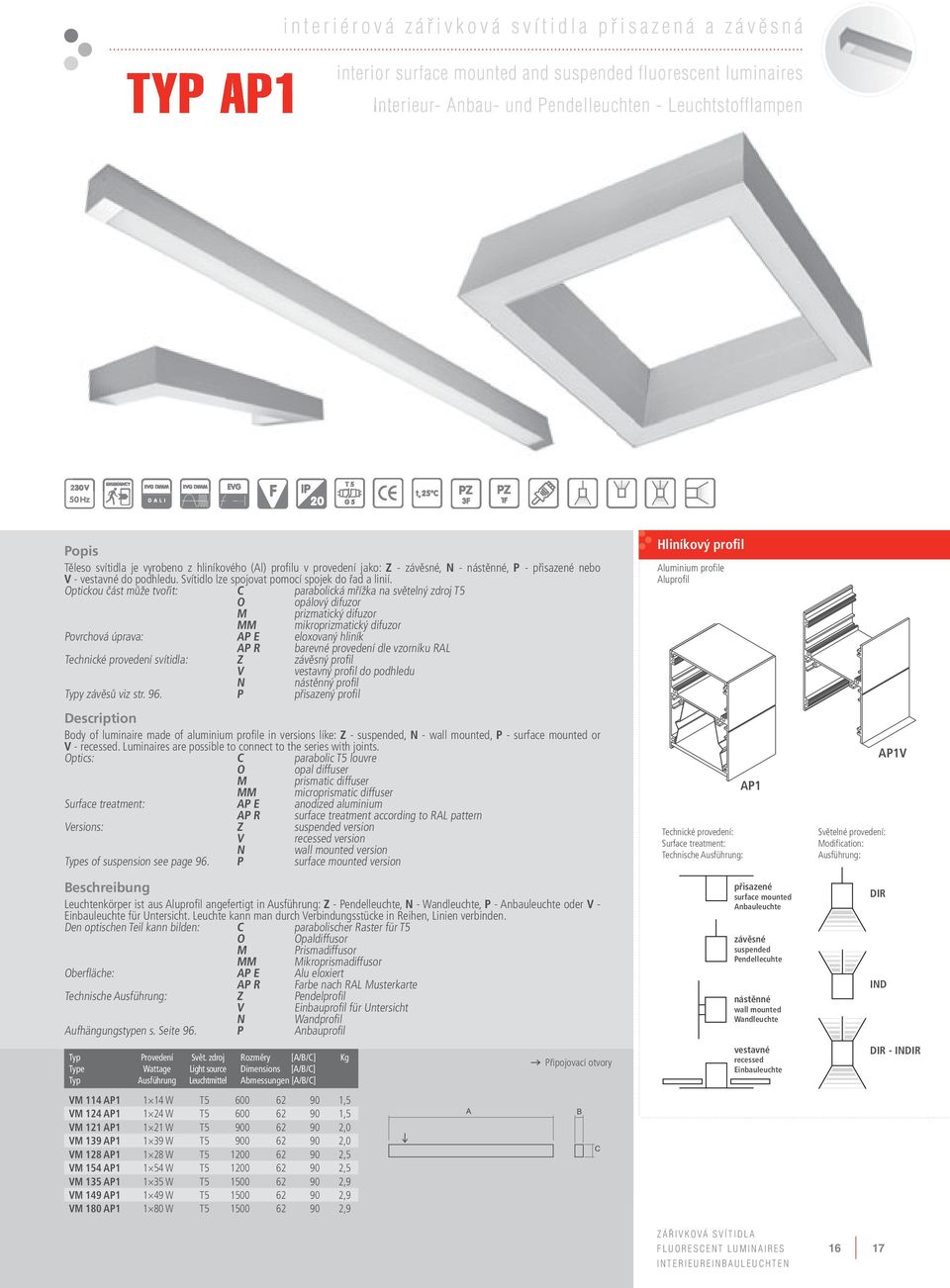 Optickou část může tvořit: C parabolická mřížka na světelný zdroj T5 O opálový difuzor M prizmatický difuzor MM mikroprizmatický difuzor Povrchová úprava: AP E eloxovaný hliník AP R barevné provedení