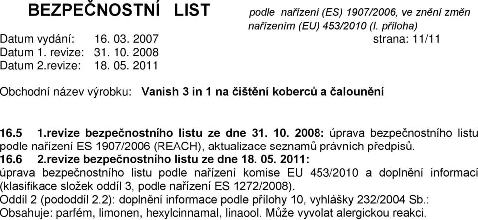 revize bezpečnostního listu ze dne 18. 05.