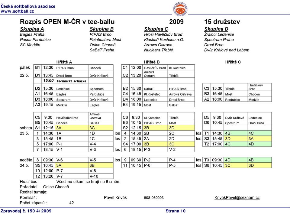 Havlíčkův Brod Kl.Kostelec 22.5. D1 13:45 Draci Brno Dvůr Králové C2 13:20 Arrows Ostrava Třebíč 15:00 Technická schůzka Zpravodaj č.