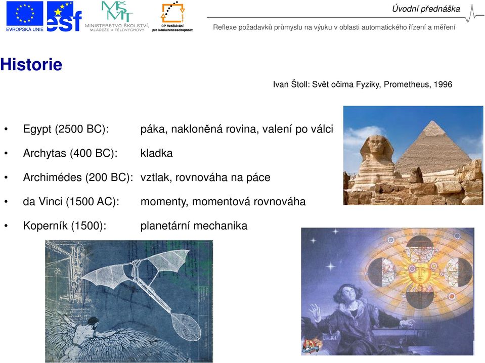 kladka Archimédes (200 BC): vztlak, rovnováha na páce da Vinci (1500